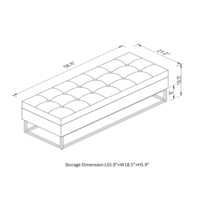 Banc de rangement en velours touffeté avec base en métal doré