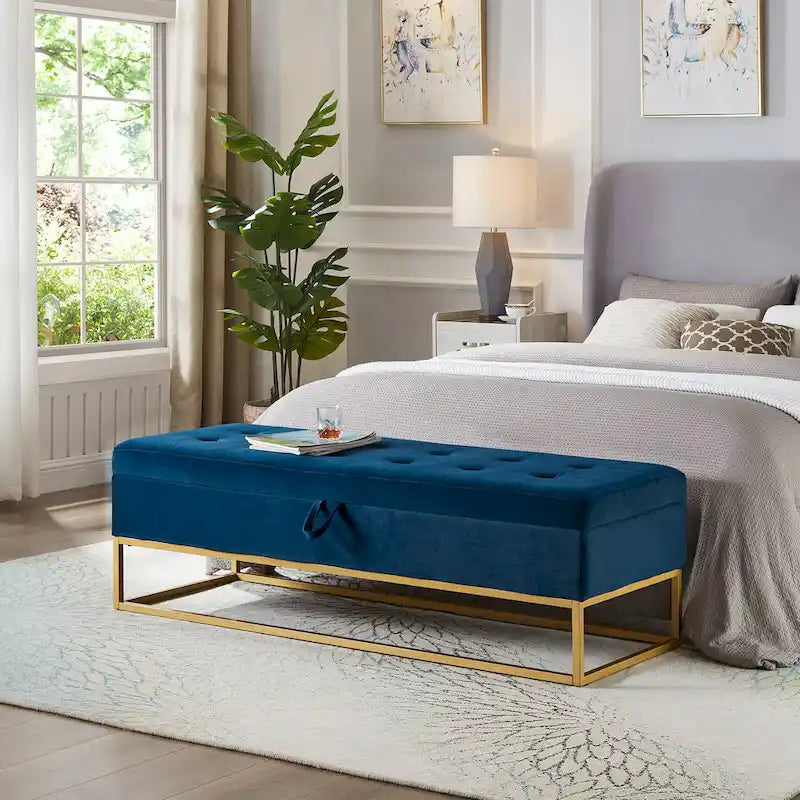 Banc de rangement en velours touffeté avec base en métal doré