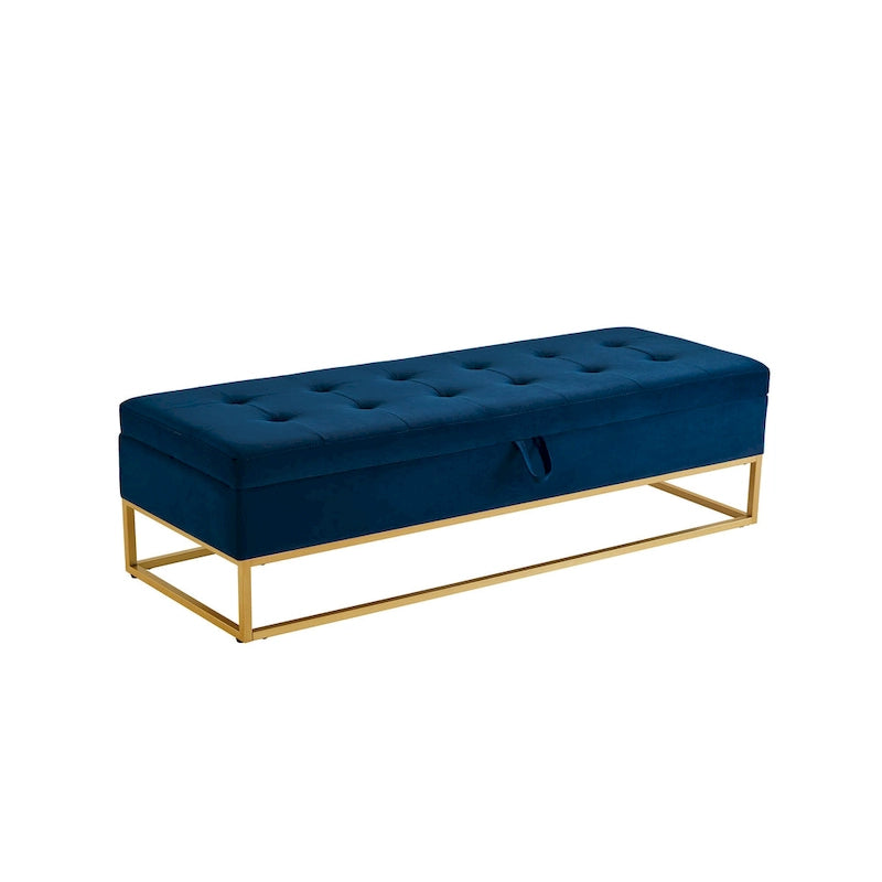 Banc de rangement en velours touffeté avec base en métal doré