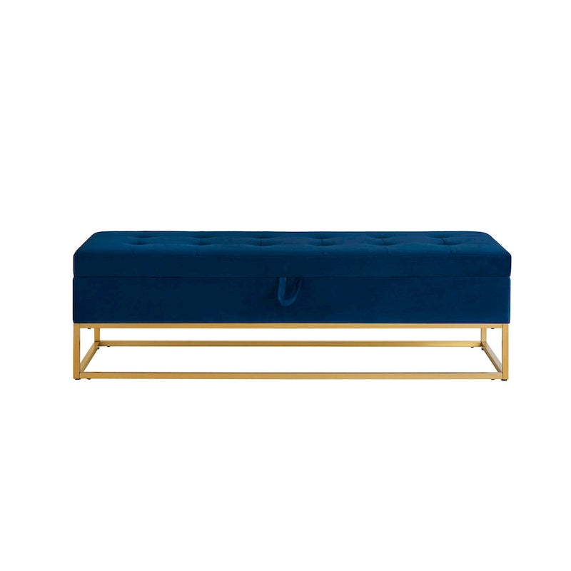 Banc de rangement en velours touffeté avec base en métal doré
