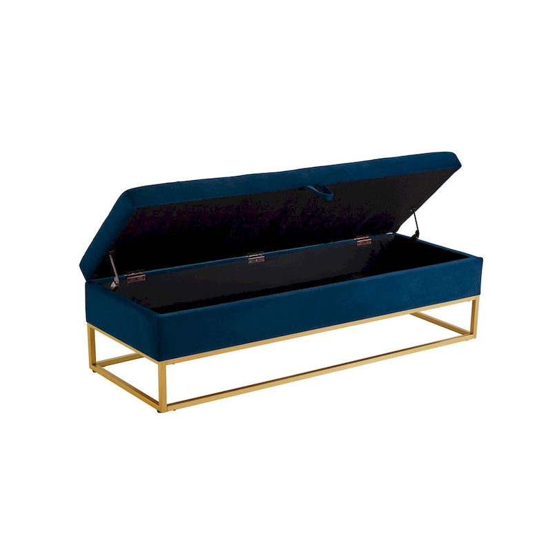 Banc de rangement en velours touffeté avec base en métal doré