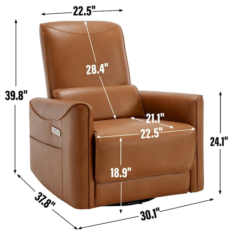 Fauteuil inclinable électrique pivotant et à bascule en cuir synthétique, mécanisme de mouvement robuste avec ports USB et Type-C