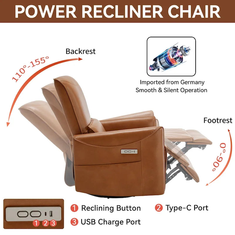 Fauteuil inclinable électrique pivotant et à bascule en cuir synthétique, mécanisme de mouvement robuste avec ports USB et Type-C