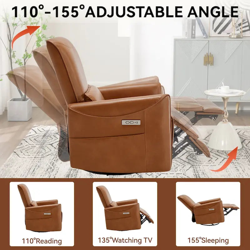 Fauteuil inclinable électrique pivotant et à bascule en cuir synthétique, mécanisme de mouvement robuste avec ports USB et Type-C