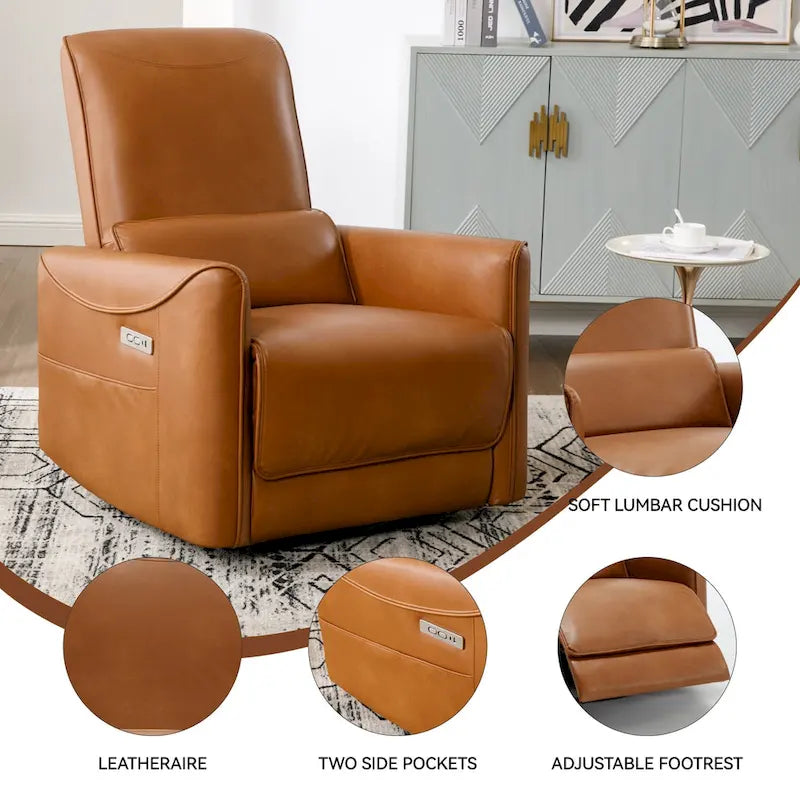 Fauteuil inclinable électrique pivotant et à bascule en cuir synthétique, mécanisme de mouvement robuste avec ports USB et Type-C