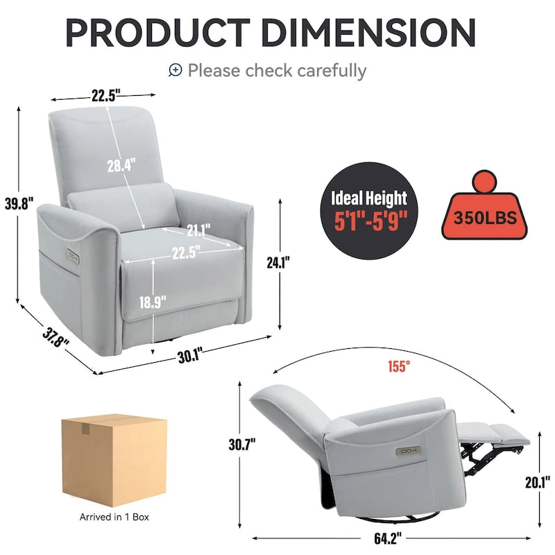 Fauteuil inclinable électrique pivotant et à bascule en cuir synthétique, mécanisme de mouvement robuste avec ports USB et Type-C