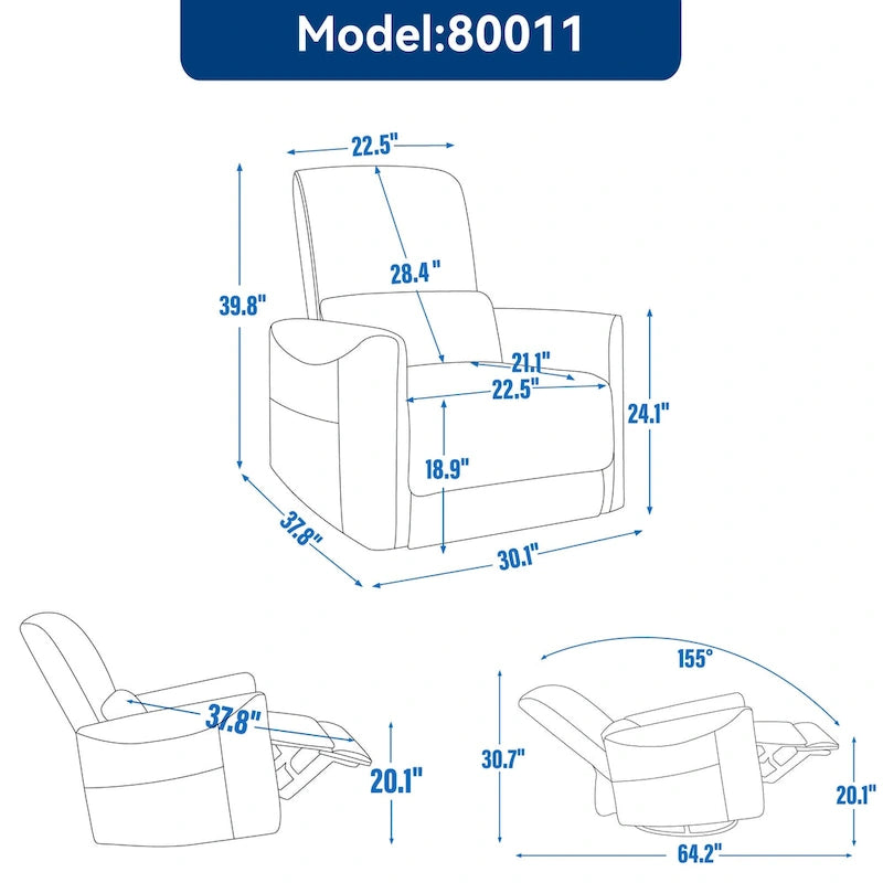 Fauteuil inclinable électrique pivotant et à bascule en cuir synthétique, mécanisme de mouvement robuste avec ports USB et Type-C