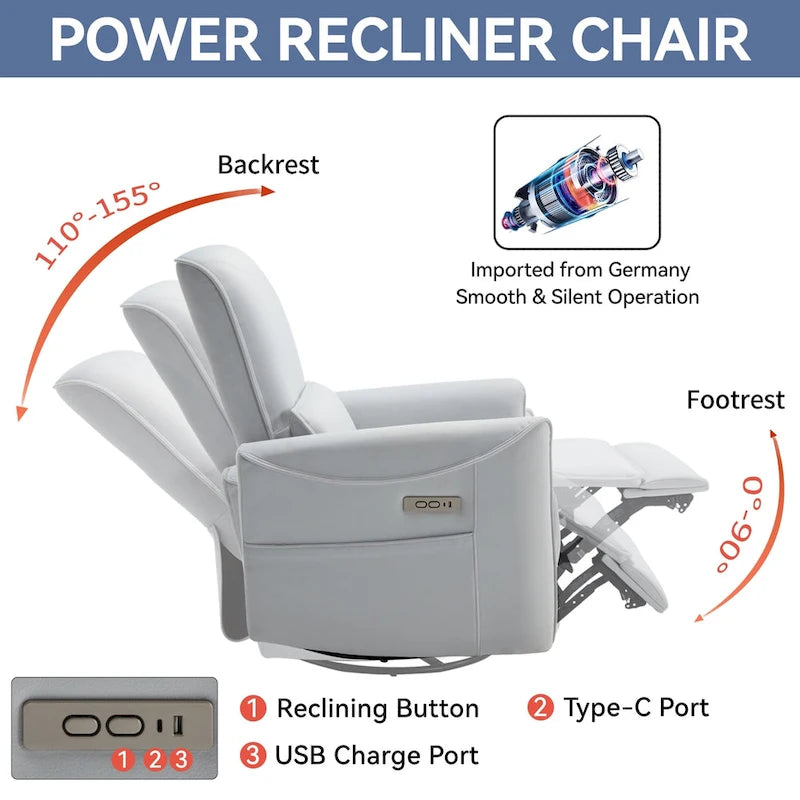 Fauteuil inclinable électrique pivotant et à bascule en cuir synthétique, mécanisme de mouvement robuste avec ports USB et Type-C