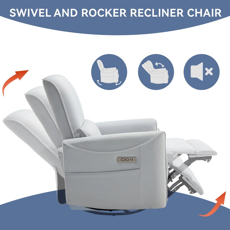 Fauteuil inclinable électrique pivotant et à bascule en cuir synthétique, mécanisme de mouvement robuste avec ports USB et Type-C