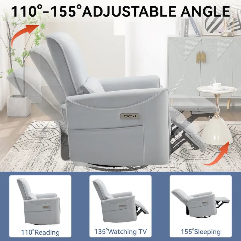 Fauteuil inclinable électrique pivotant et à bascule en cuir synthétique, mécanisme de mouvement robuste avec ports USB et Type-C