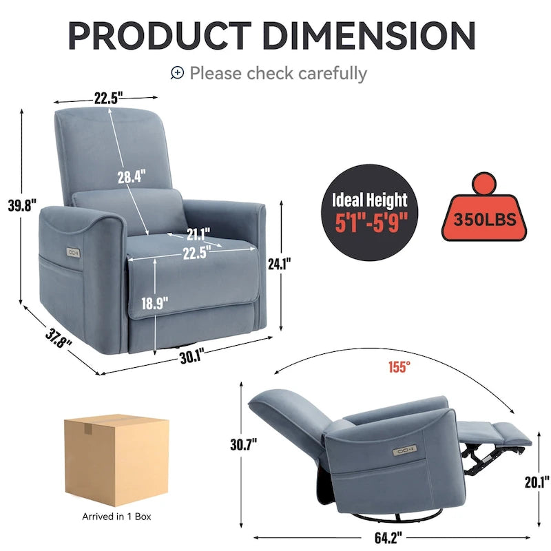 Fauteuil inclinable électrique pivotant et à bascule en cuir synthétique, mécanisme de mouvement robuste avec ports USB et Type-C
