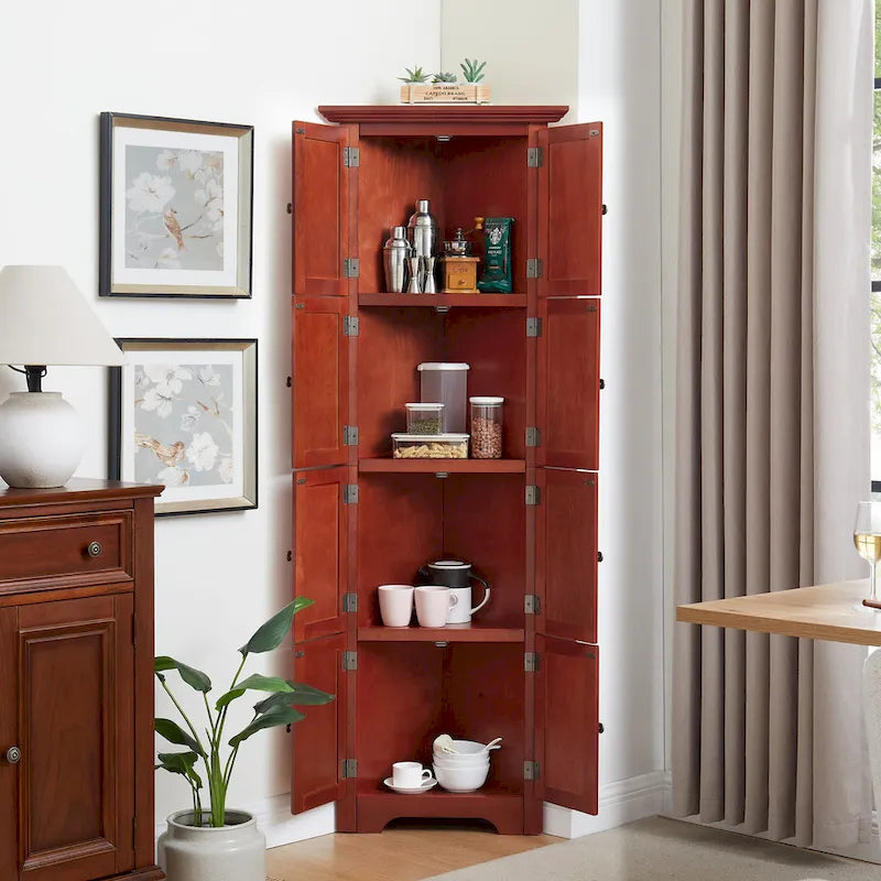 Meuble de rangement d'angle de cuisine à 4 niveaux de 72 po style ferme avec 8 portes, meuble de rangement haut et étagères réglables