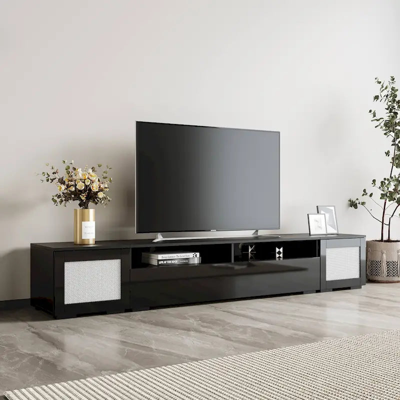 Meuble TV noir 82,6 po avec portes à ouverture par poussée et lumières DEL pour téléviseurs de 90 po