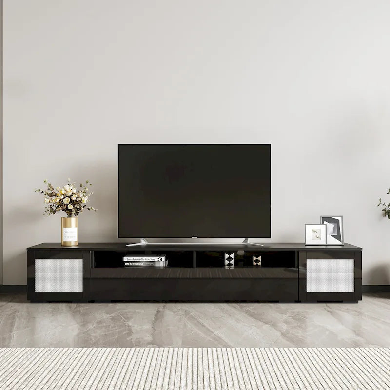 Meuble TV noir 82,6 po avec portes à ouverture par poussée et lumières DEL pour téléviseurs de 90 po