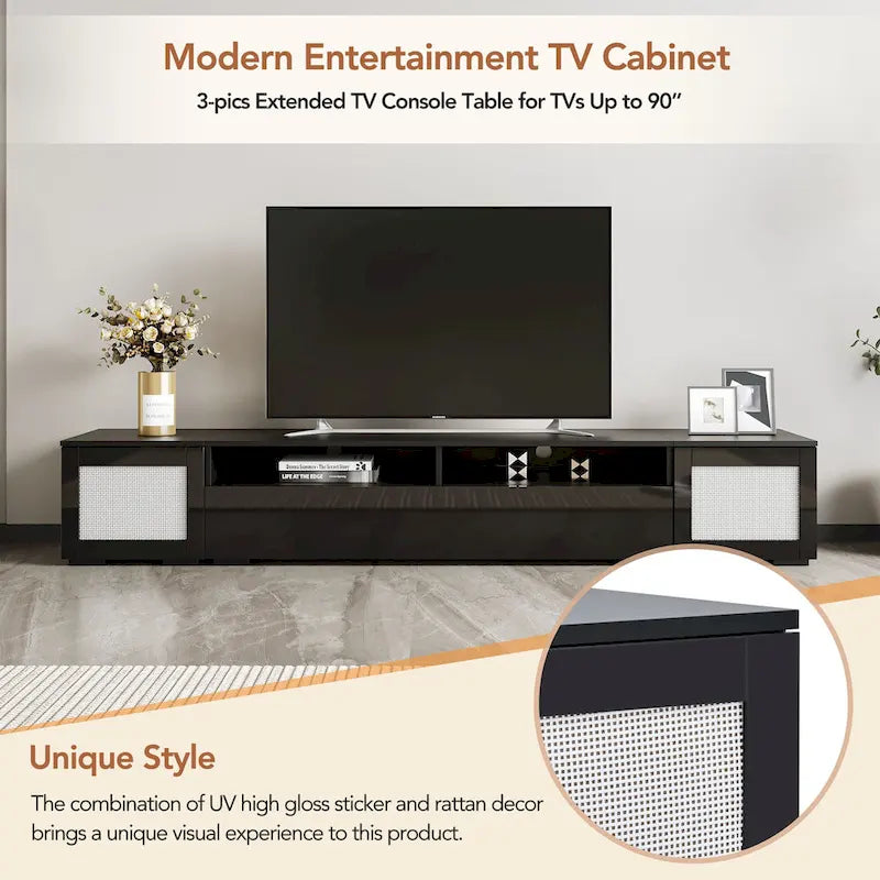 Meuble TV noir 82,6 po avec portes à ouverture par poussée et lumières DEL pour téléviseurs de 90 po