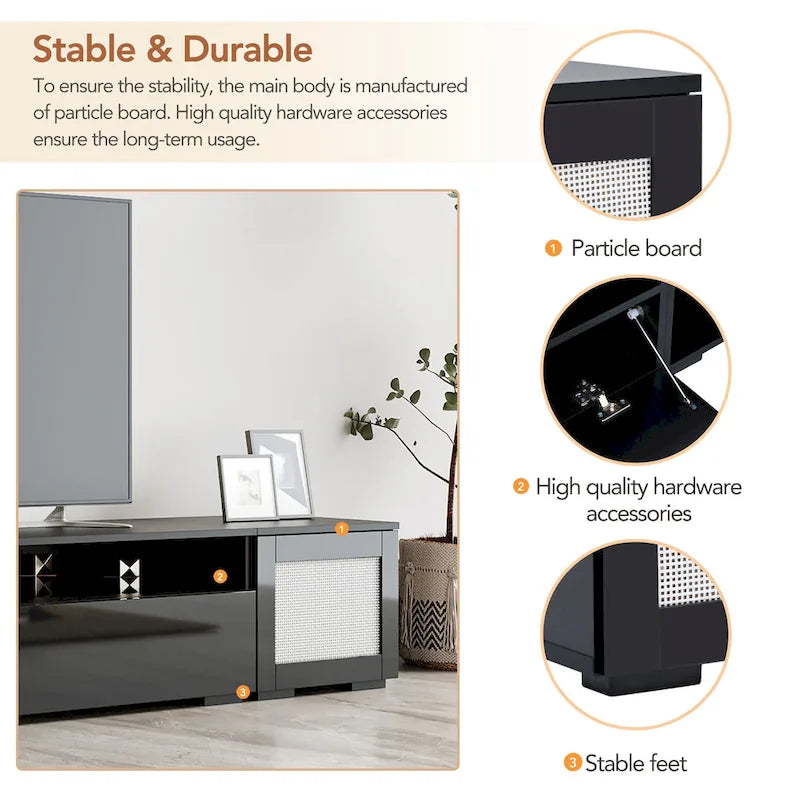 Meuble TV noir 82,6 po avec portes à ouverture par poussée et lumières DEL pour téléviseurs de 90 po