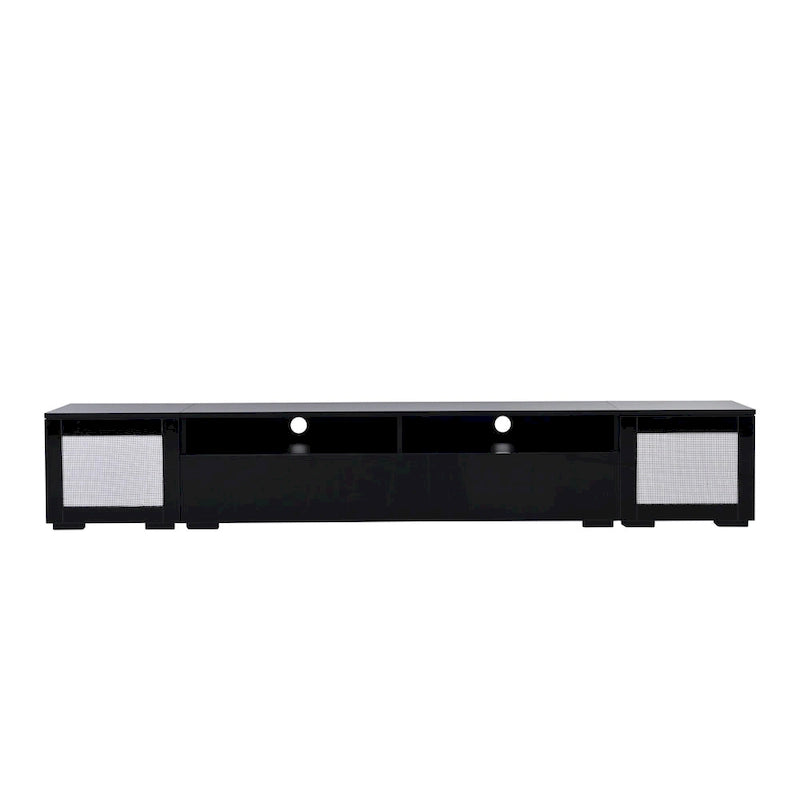 Meuble TV noir 82,6 po avec portes à ouverture par poussée et lumières DEL pour téléviseurs de 90 po