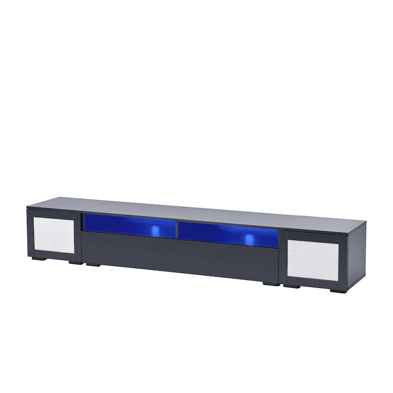 Meuble TV noir 82,6 po avec portes à ouverture par poussée et lumières DEL pour téléviseurs de 90 po