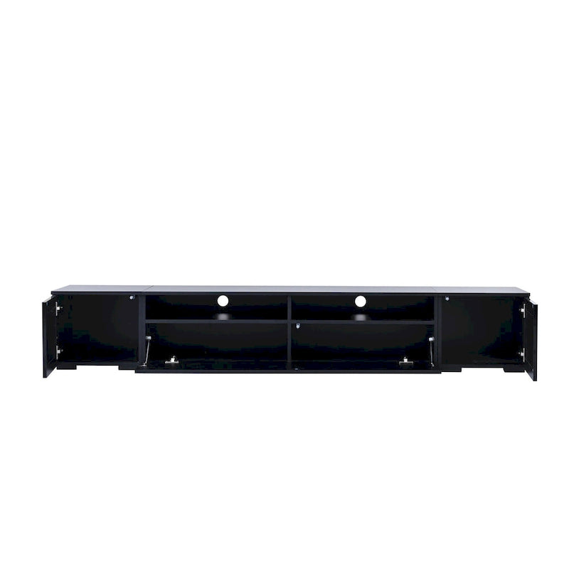 Meuble TV noir 82,6 po avec portes à ouverture par poussée et lumières DEL pour téléviseurs de 90 po