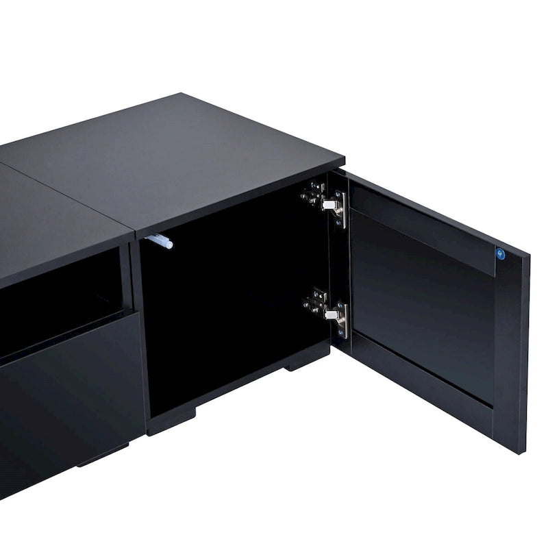Meuble TV noir 82,6 po avec portes à ouverture par poussée et lumières DEL pour téléviseurs de 90 po