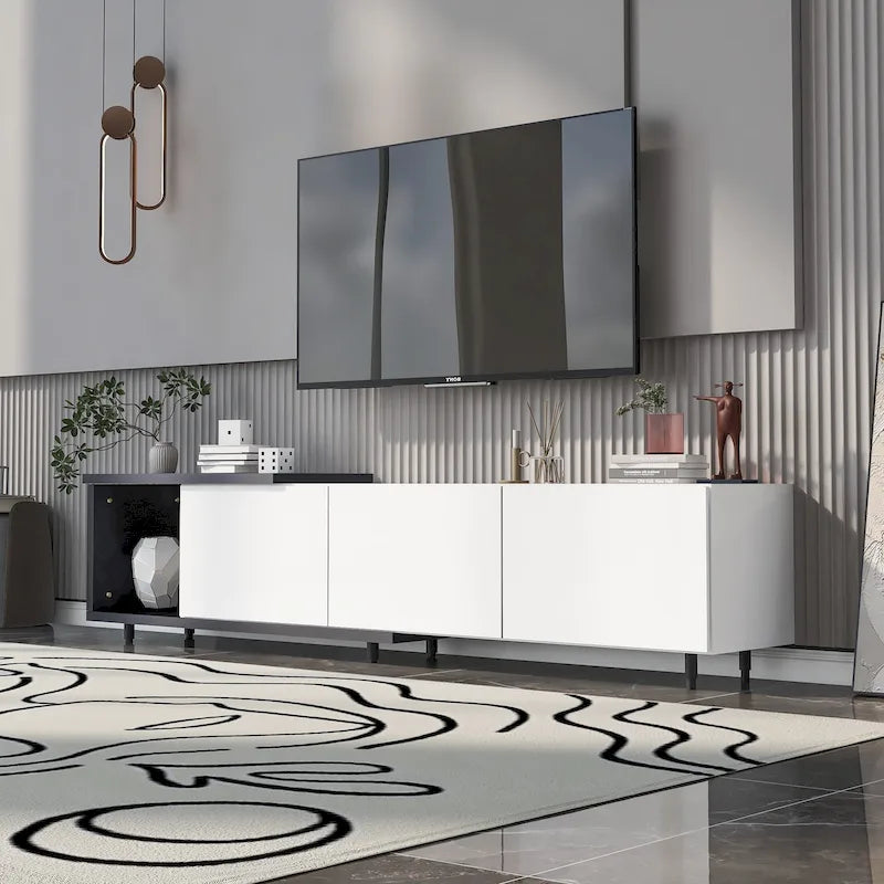 Meuble TV moderne extensible blanc avec 3 tiroirs et étagère pour téléviseurs jusqu'à 80 pouces