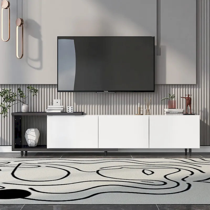 Meuble TV moderne extensible blanc avec 3 tiroirs et étagère pour téléviseurs jusqu'à 80 pouces