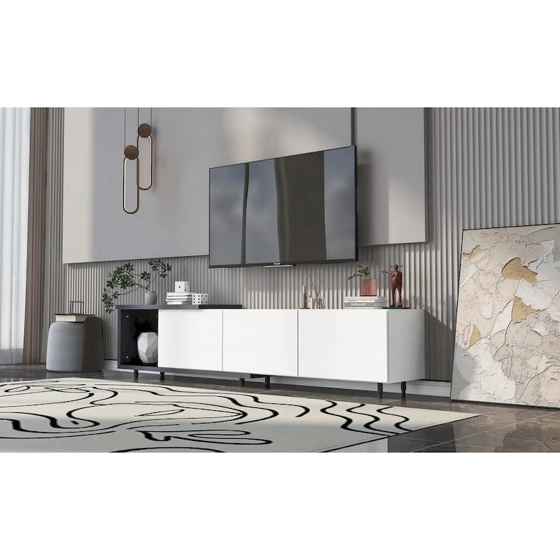 Meuble TV moderne extensible blanc avec 3 tiroirs et étagère pour téléviseurs jusqu'à 80 pouces