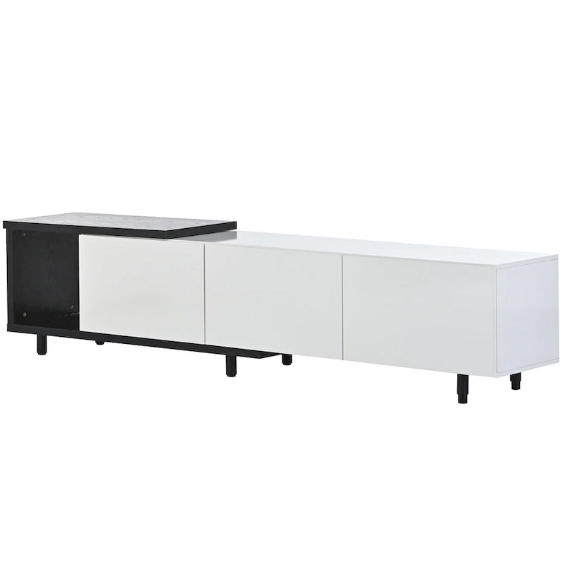 Meuble TV moderne extensible blanc avec 3 tiroirs et étagère pour téléviseurs jusqu'à 80 pouces