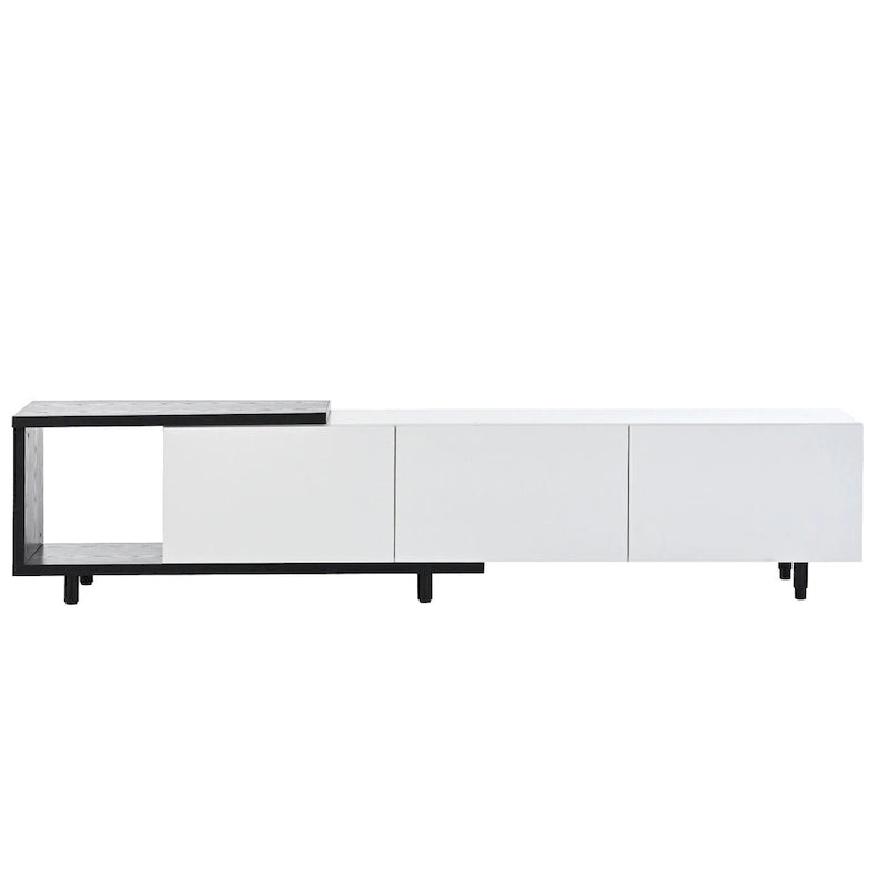 Meuble TV moderne extensible blanc avec 3 tiroirs et étagère pour téléviseurs jusqu'à 80 pouces
