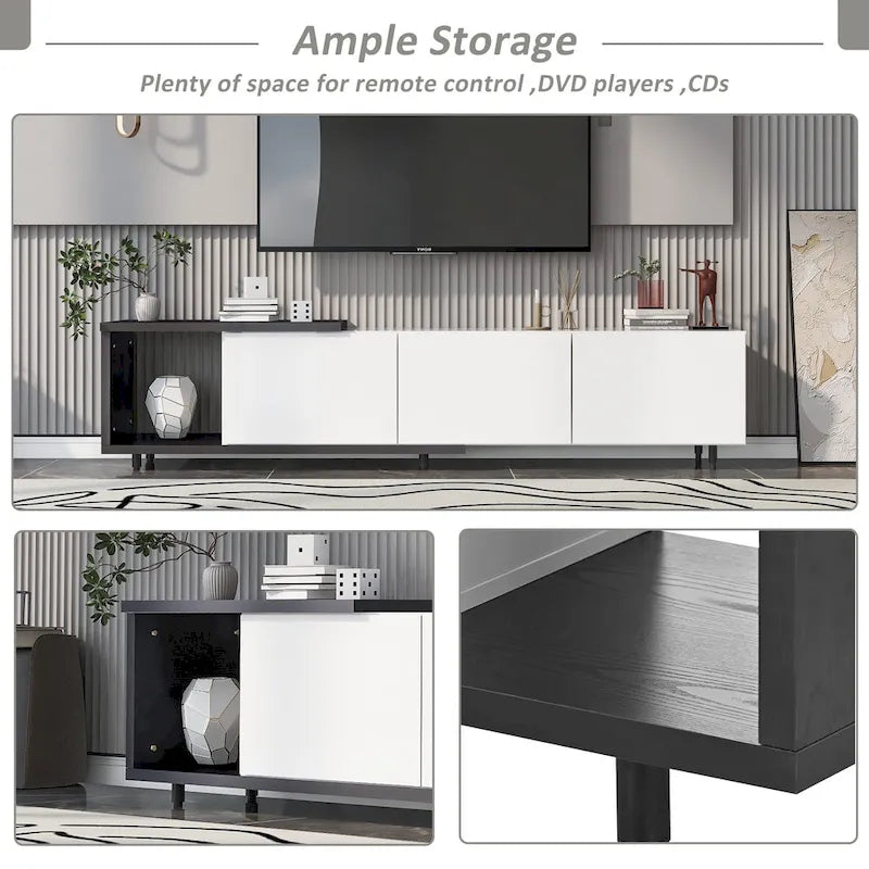 Meuble TV moderne extensible blanc avec 3 tiroirs et étagère pour téléviseurs jusqu'à 80 pouces