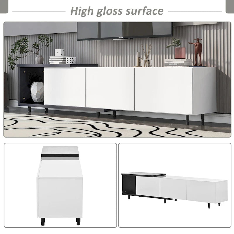 Meuble TV moderne extensible blanc avec 3 tiroirs et étagère pour téléviseurs jusqu'à 80 pouces