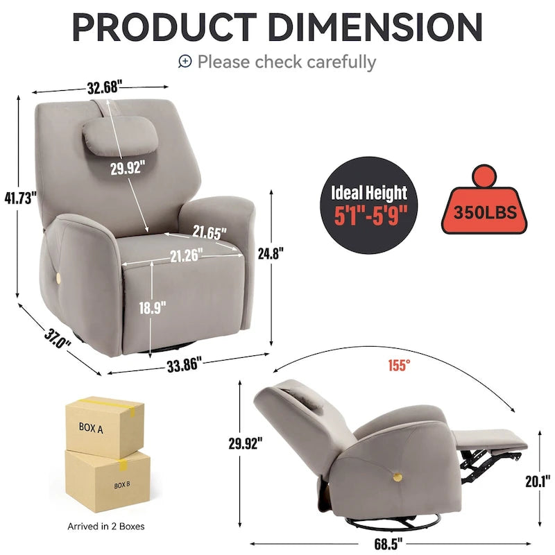 Fauteuil inclinable électrique pivotant et à bascule avec coussin de soutien lombaire et cervical, pivotement maximal de 270 degrés, ports USB et Type-C