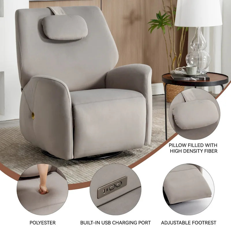 Fauteuil inclinable électrique pivotant et à bascule avec coussin de soutien lombaire et cervical, pivotement maximal de 270 degrés, ports USB et Type-C