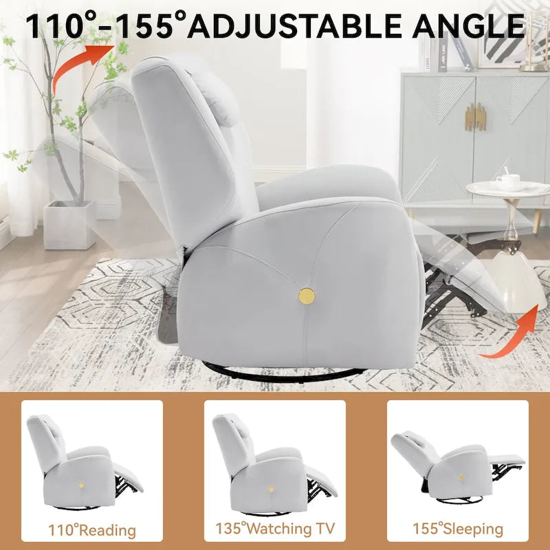 Fauteuil inclinable électrique pivotant et à bascule avec coussin de soutien lombaire et cervical, pivotement maximal de 270 degrés, ports USB et Type-C
