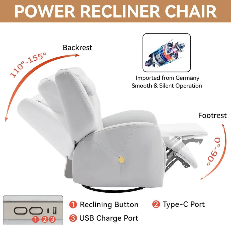 Fauteuil inclinable électrique pivotant et à bascule avec coussin de soutien lombaire et cervical, pivotement maximal de 270 degrés, ports USB et Type-C