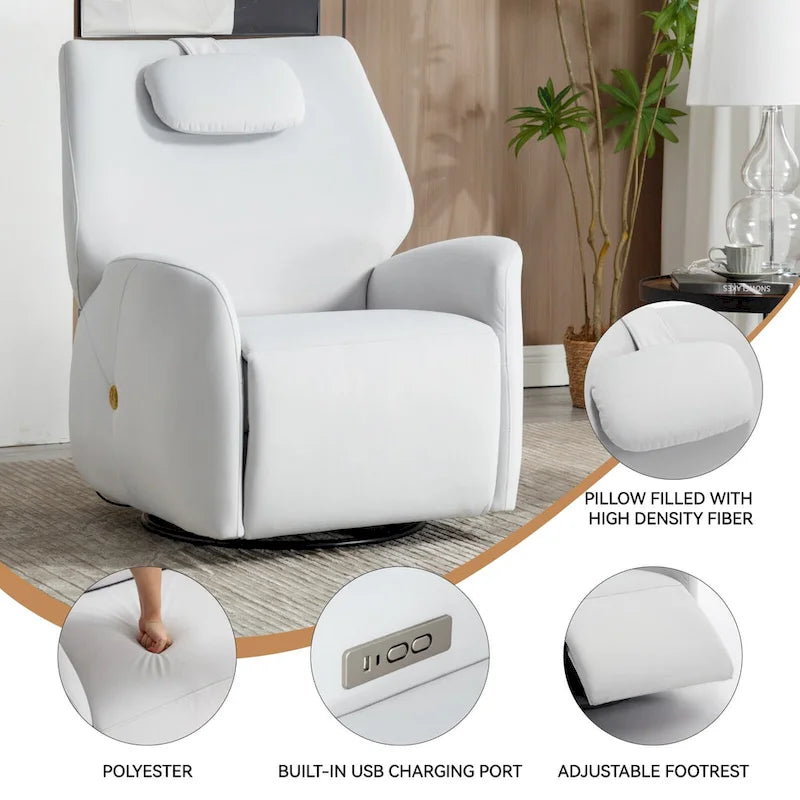 Fauteuil inclinable électrique pivotant et à bascule avec coussin de soutien lombaire et cervical, pivotement maximal de 270 degrés, ports USB et Type-C