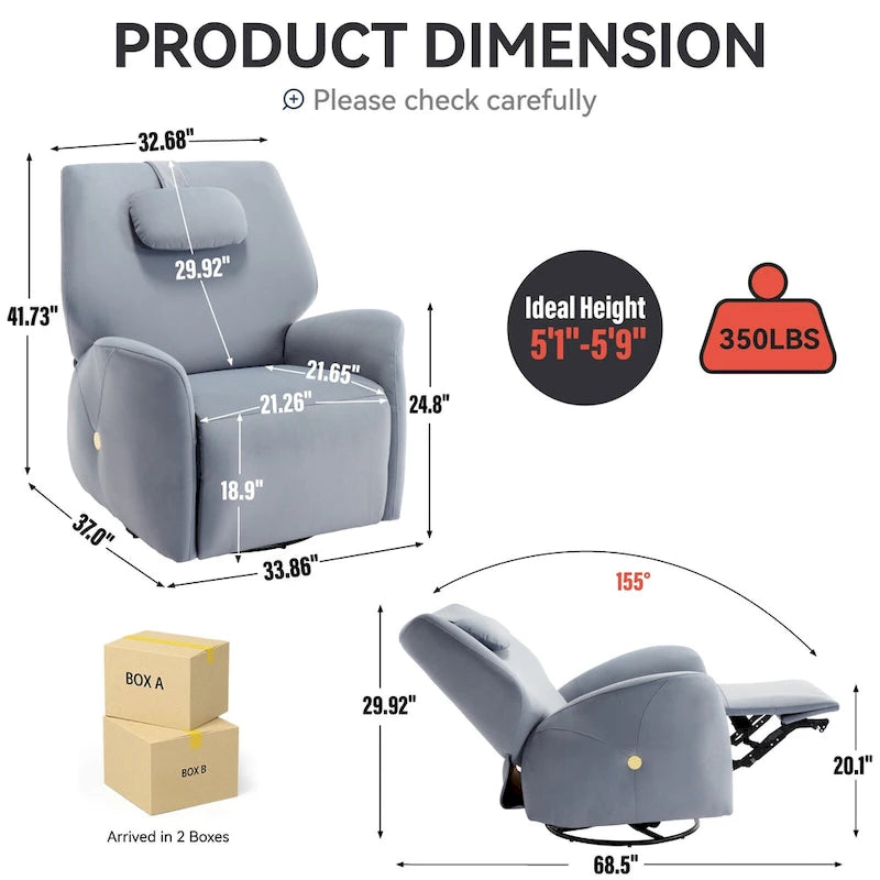 Fauteuil inclinable électrique pivotant et à bascule avec coussin de soutien lombaire et cervical, pivotement maximal de 270 degrés, ports USB et Type-C