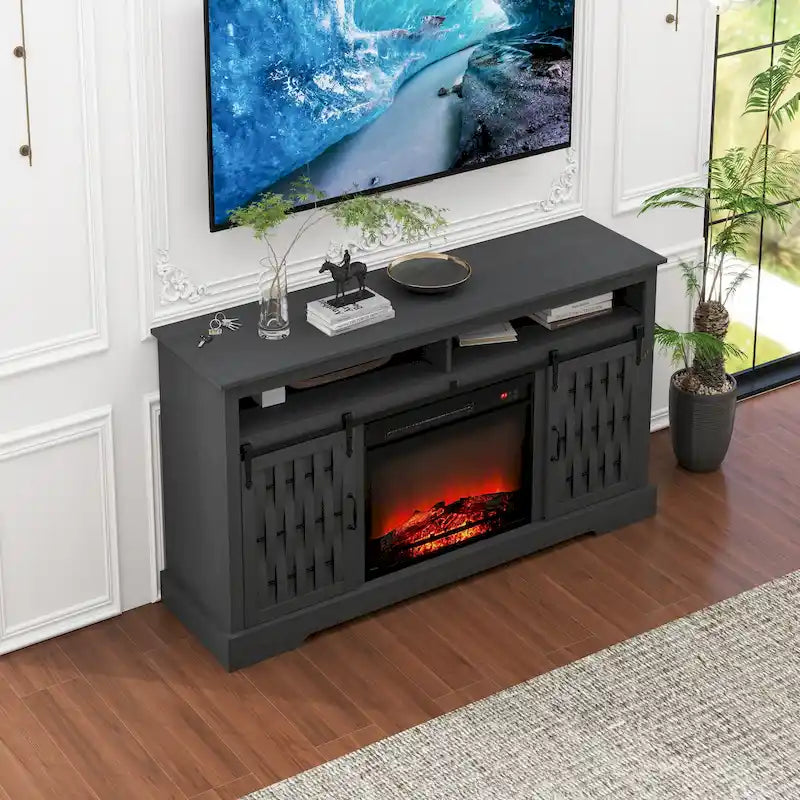 Meuble TV avec cheminée électrique de 58,03 po et portes coulissantes de style grange pour téléviseurs de 65 po max.