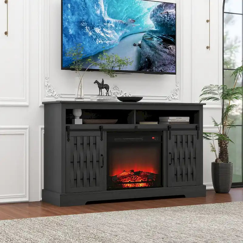 Meuble TV avec cheminée électrique de 58,03 po et portes coulissantes de style grange pour téléviseurs de 65 po max.