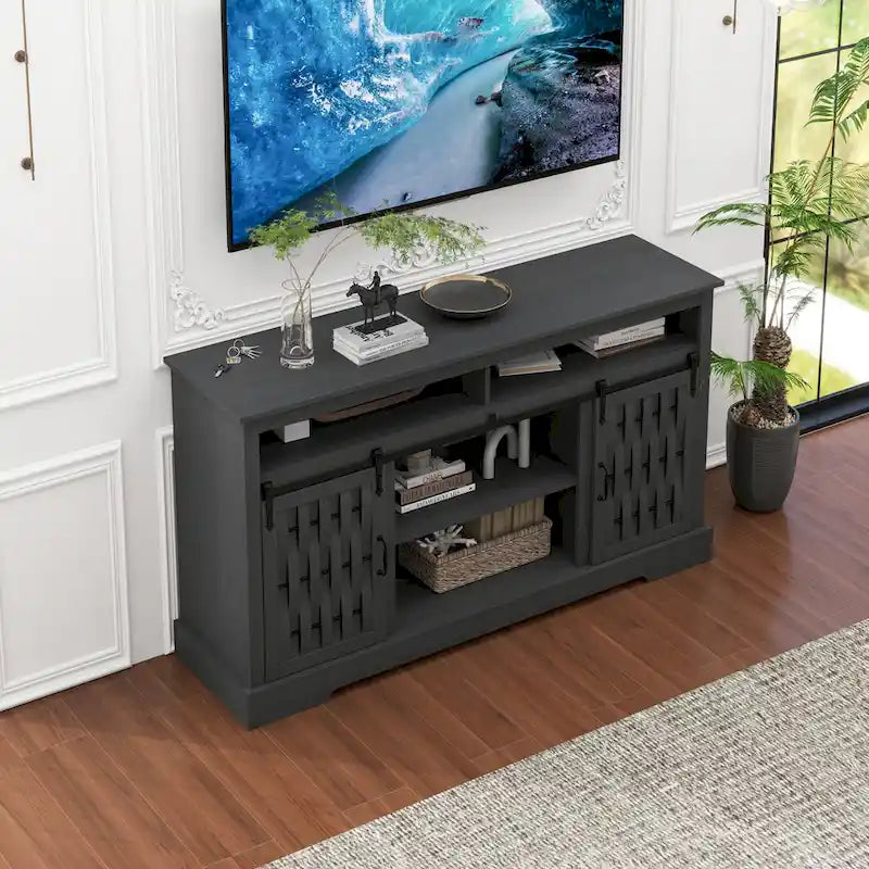 Meuble TV avec cheminée électrique de 58,03 po et portes coulissantes de style grange pour téléviseurs de 65 po max.