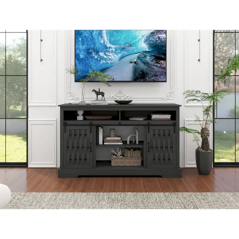 Meuble TV avec cheminée électrique de 58,03 po et portes coulissantes de style grange pour téléviseurs de 65 po max.