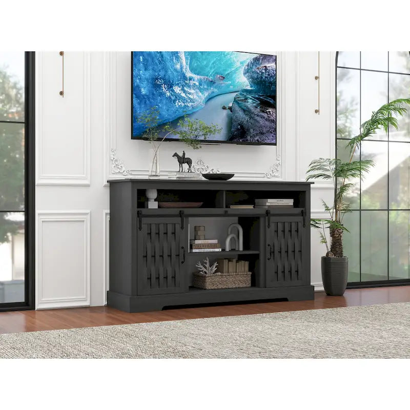 Meuble TV avec cheminée électrique de 58,03 po et portes coulissantes de style grange pour téléviseurs de 65 po max.