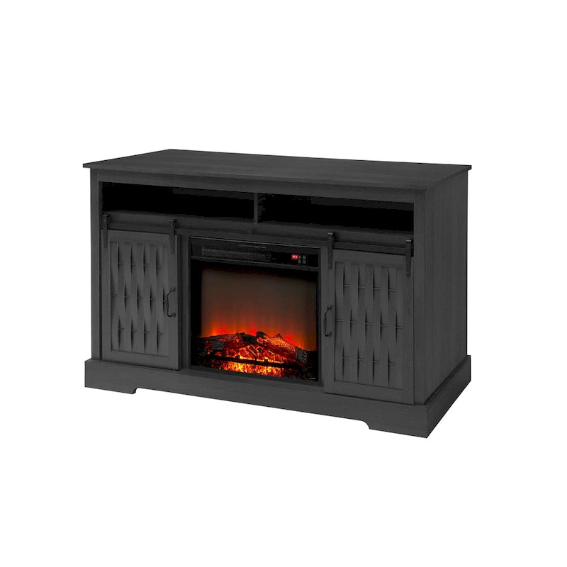Meuble TV avec cheminée électrique de 58,03 po et portes coulissantes de style grange pour téléviseurs de 65 po max.