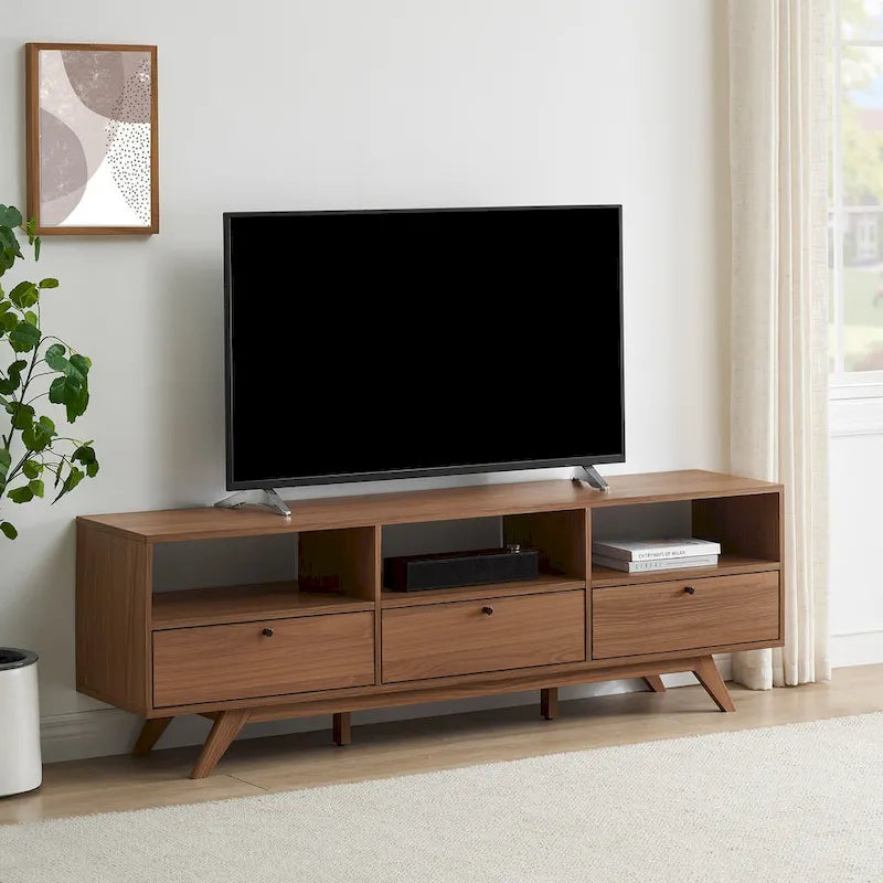 Meuble TV bas scandinave moderne à 3 portes pour TV jusqu'à 80 pouces - Mocha