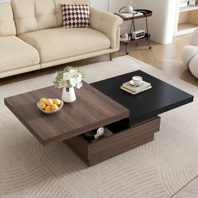 Table basse à plateau rotatif, Table basse carrée moderne avec motif grain de bois, 1 espace de rangement caché pour le salon