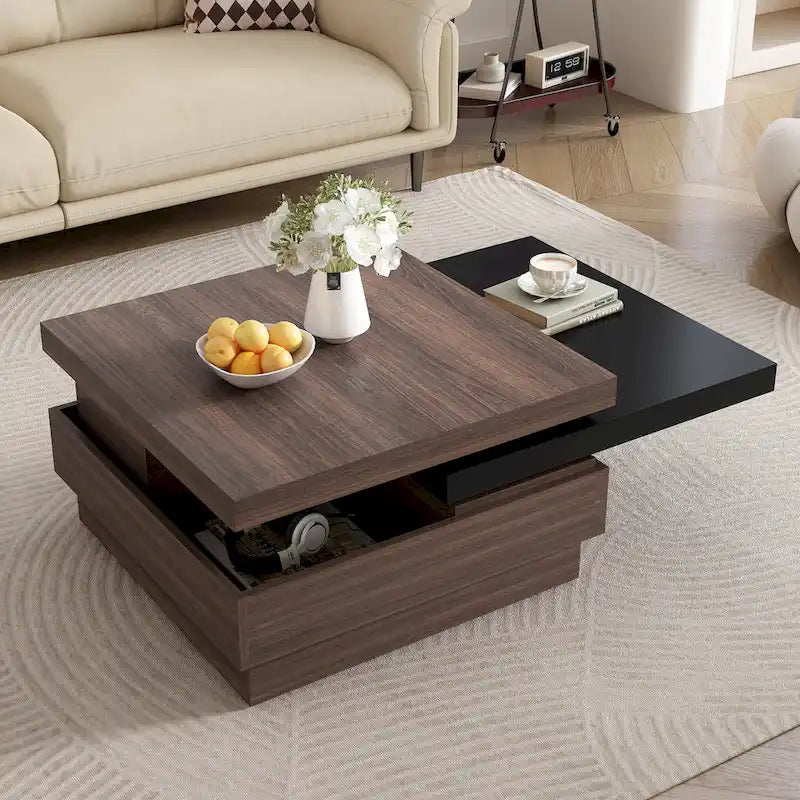 Table basse à plateau rotatif, Table basse carrée moderne avec motif grain de bois, 1 espace de rangement caché pour le salon