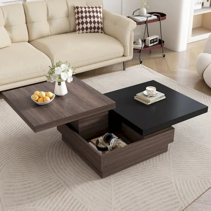 Table basse à plateau rotatif, Table basse carrée moderne avec motif grain de bois, 1 espace de rangement caché pour le salon