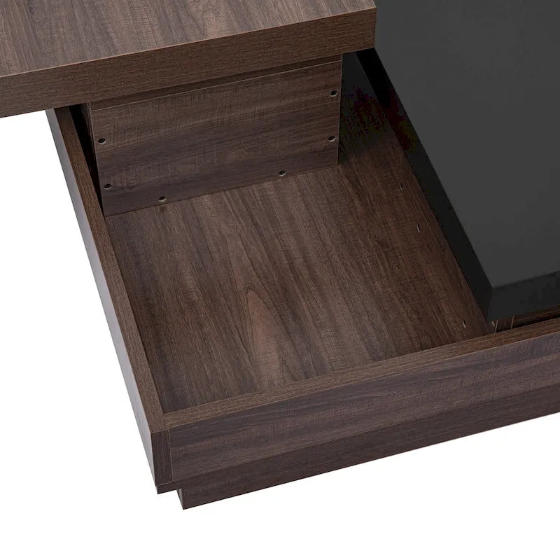 Table basse à plateau rotatif, Table basse carrée moderne avec motif grain de bois, 1 espace de rangement caché pour le salon
