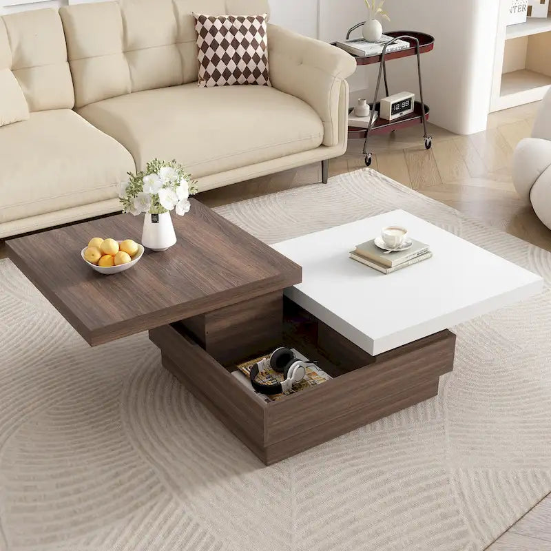 Table basse à plateau rotatif, Table basse carrée moderne avec motif grain de bois, 1 espace de rangement caché pour le salon