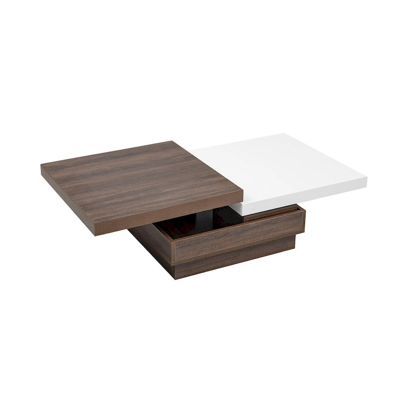 Table basse à plateau rotatif, Table basse carrée moderne avec motif grain de bois, 1 espace de rangement caché pour le salon